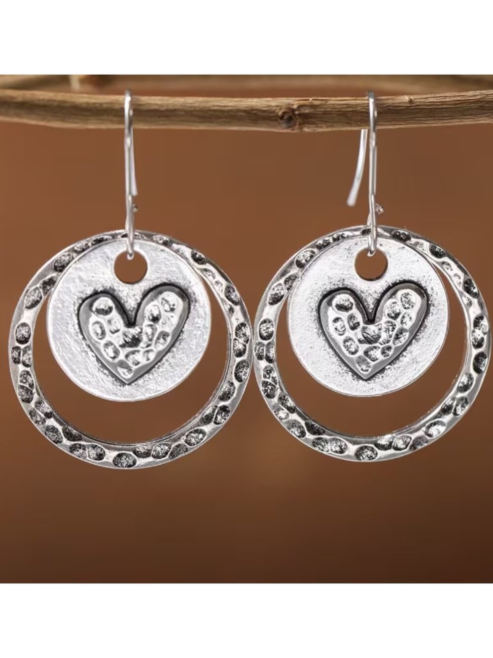 Minimalist Bohemian Hammered Hoops Floating Artisan Style Heart Earrings